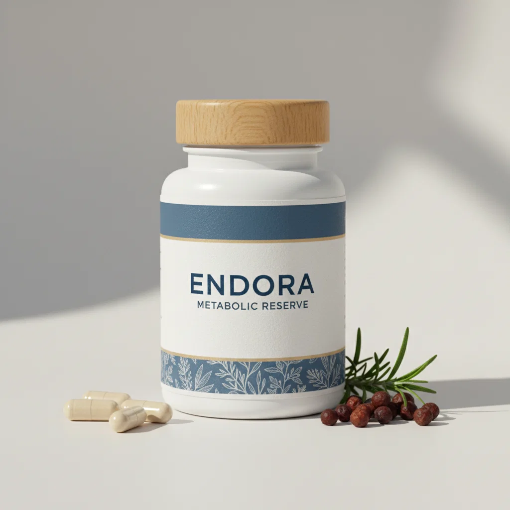 Endora Metabolic Reserve glass supplement jar with wooden lid on a clean white surface